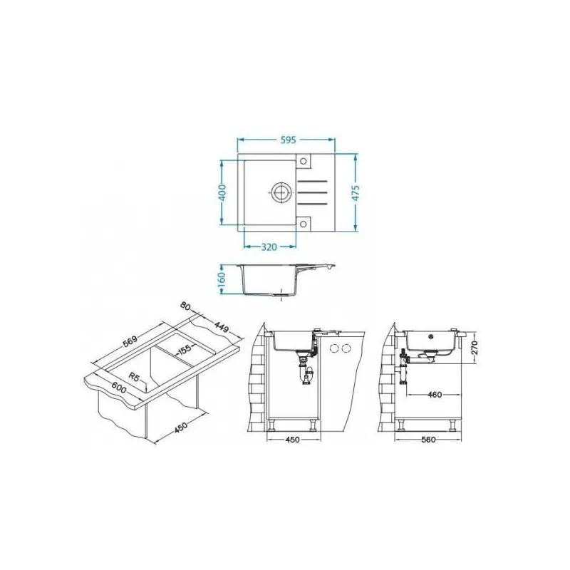 Virtuves izlietne Alveus Rock 30 S, granīts, 59.5 cm x 47.5 cm x 16 cm, melna krās.-pelēka krās.