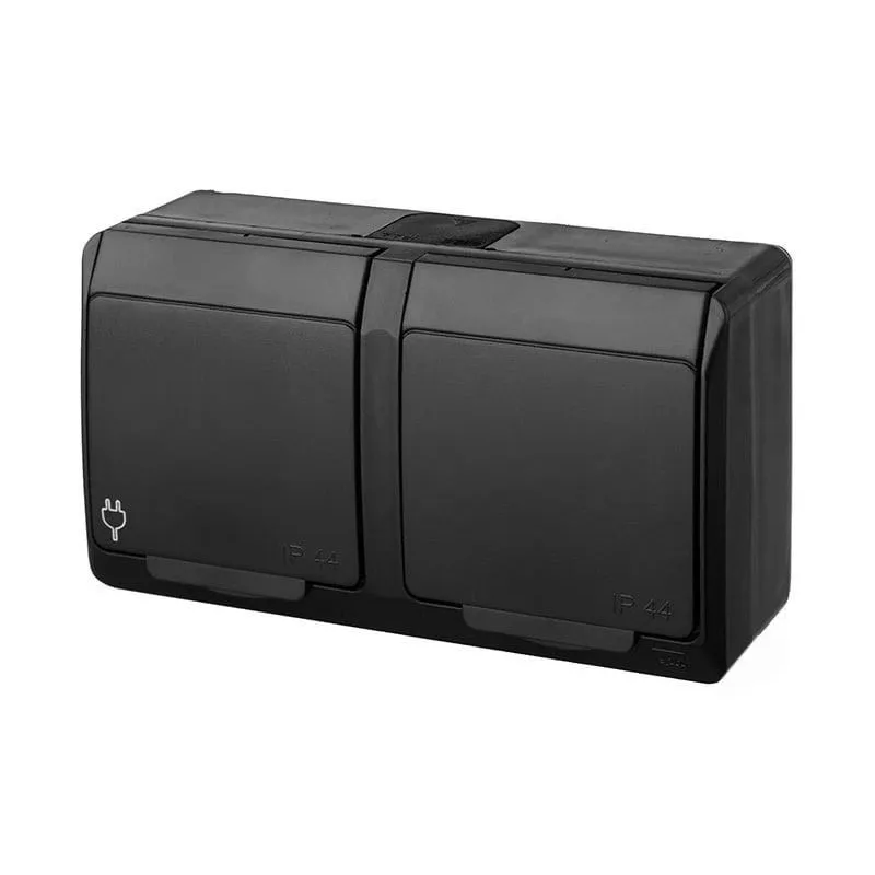 Dvivietis kištukinis lizdas Elektro-Plast Hermes 0325-09, su įžeminimu, IP44, juoda sp.