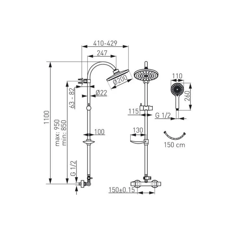 Dušas sistēma ar termostata jaucējkrānu Ferro Trinity NP71-TRM7U, hroma krās.
