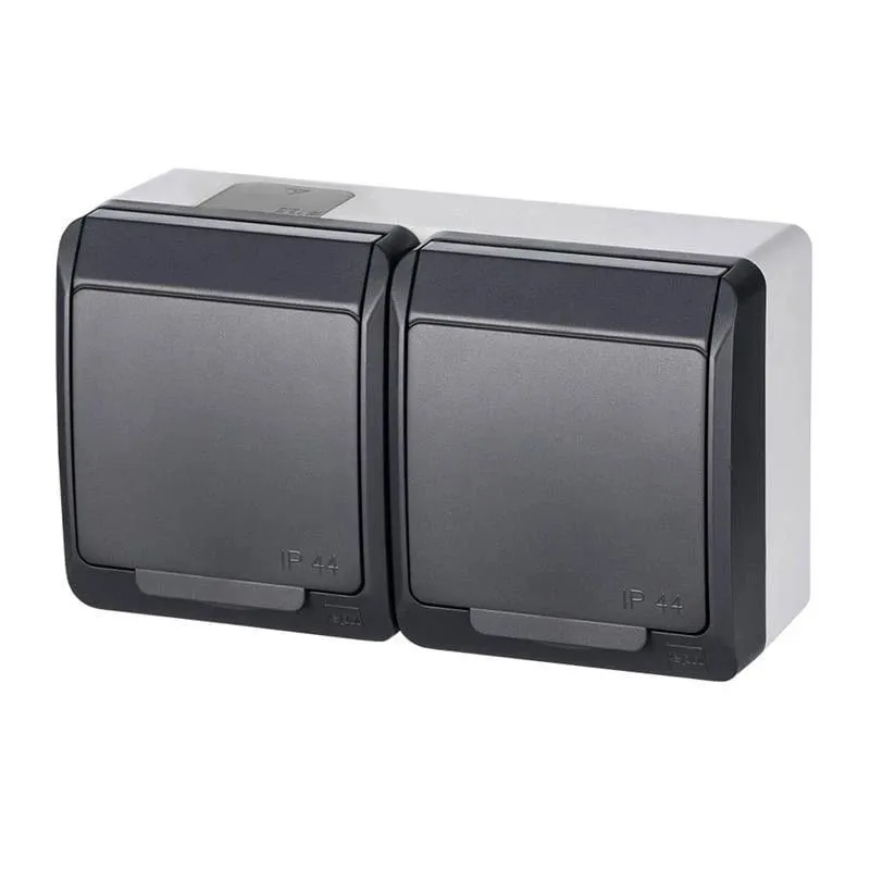 Dubultā kontaktligzda Elektro-Plast Hermes 0325-07, Iezemēta rozete, IP44, antracīta-balta