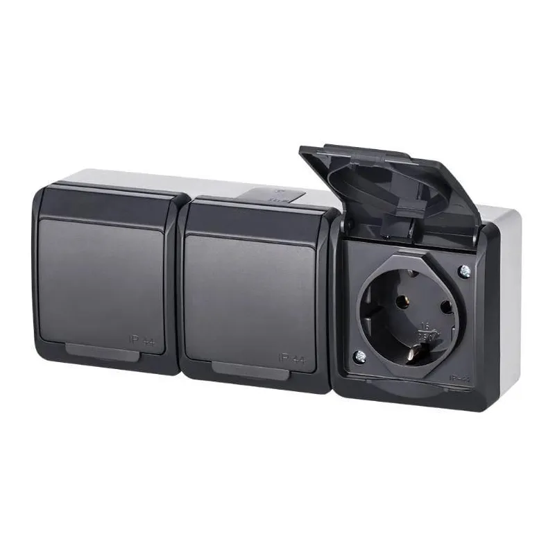 Trīskāršā kontaktligzda Elektro-Plast Hermes 0326-07, Iezemēta rozete, antracīta-balta