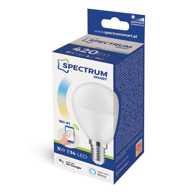Viedā led spuldze. p45. smart wifi. 5w. e14. cct+dim. fr