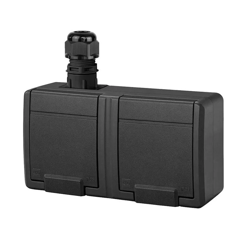 Dvivietis kištukinis lizdas Elektro-Plast Aquant 5045-67, su įžeminimu, IP65, antracito sp.