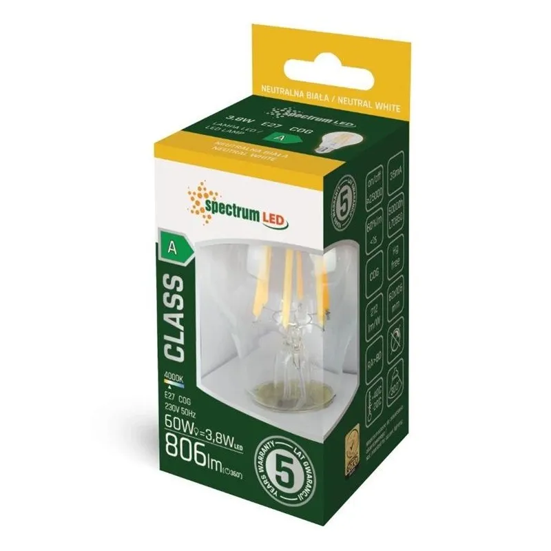 Lemputė Spectrum LED, A60, 4000 °K, E27, 3.8 W, 806 lm