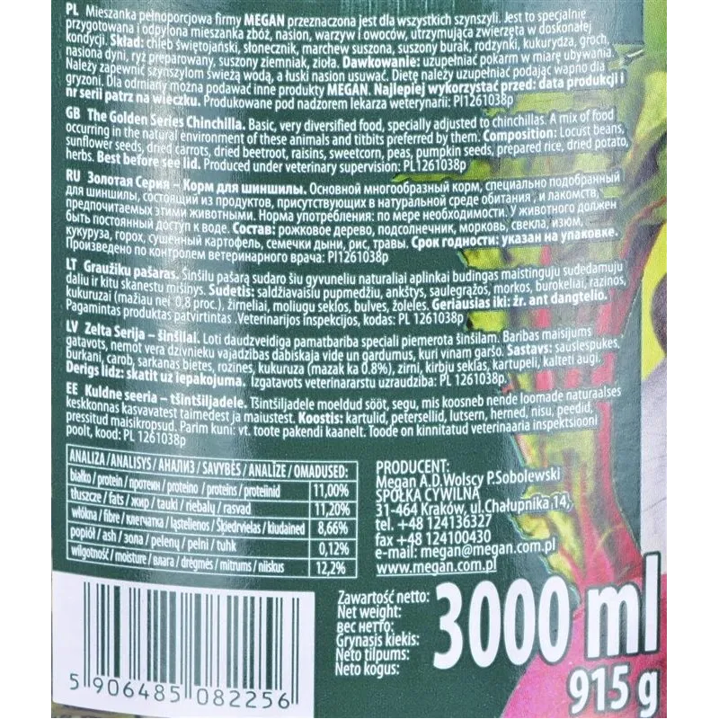 Maistas graužikams Megan Chinchilla Food, šinšiloms, 0.915 kg
