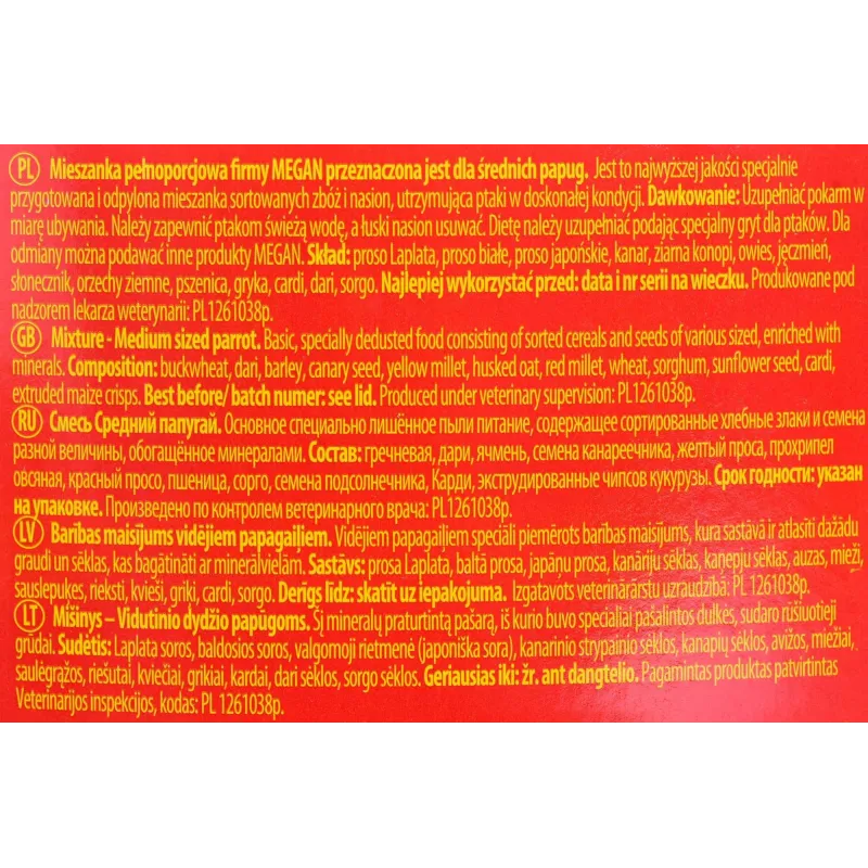 Sausa pārtika Megan, vidējiem papagaiļiem, 1.95 kg