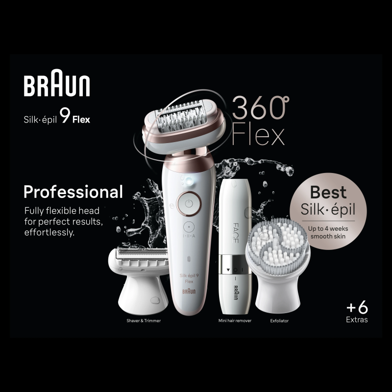 SES9-360 3D Braun Silképil 9 Flex Epilators + FS1000 Miniskuveklis FACE