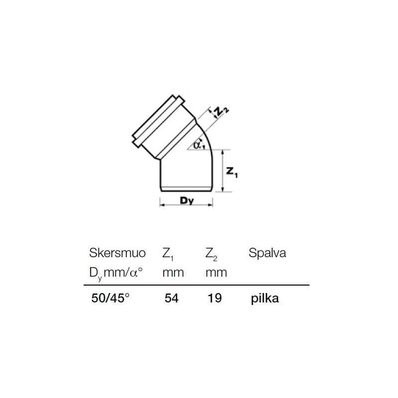 Kanalizācijas caurules 45° līkums Wavin D50mm. PVC