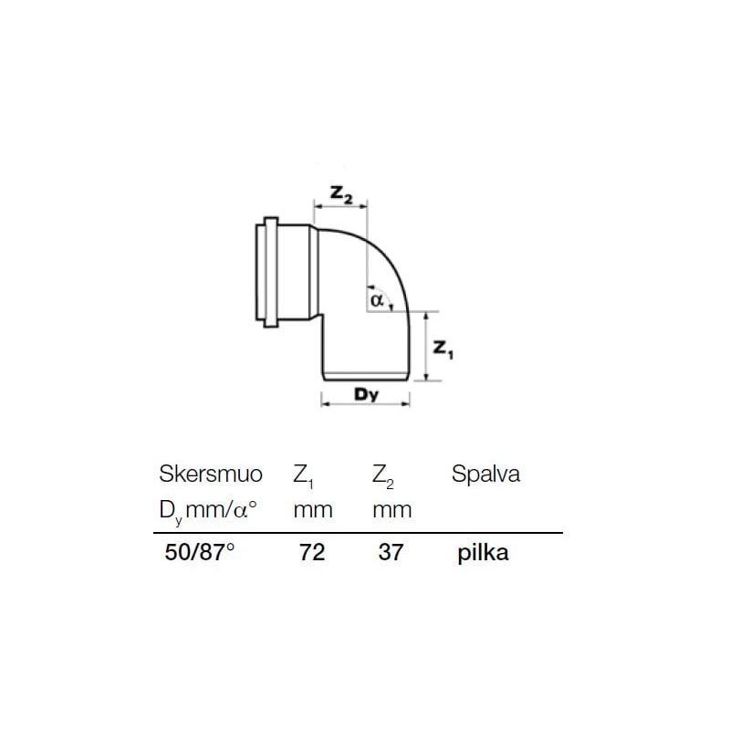 Kanalizācijas caurules 87° līkums Wavin D50mm. PVC