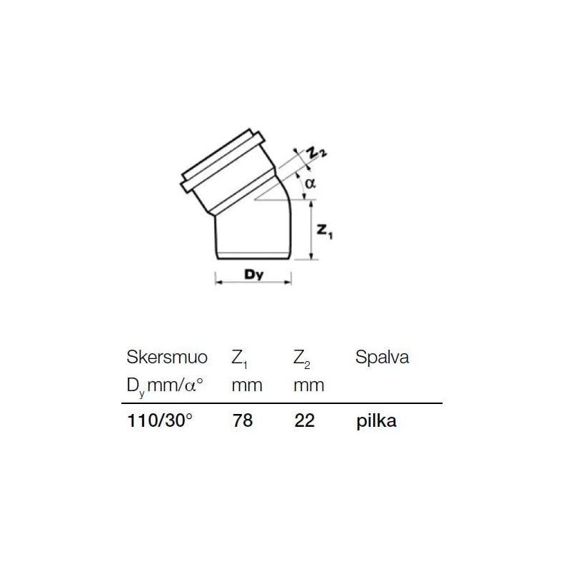 Kanalizācijas caurules 30° līkums Wavin D110mm. PVC