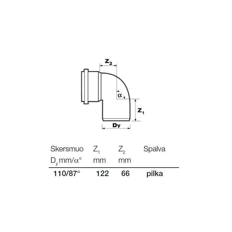Alkūnė vidaus kanalizacijai Wavin Optima, 110 mm, 87 °