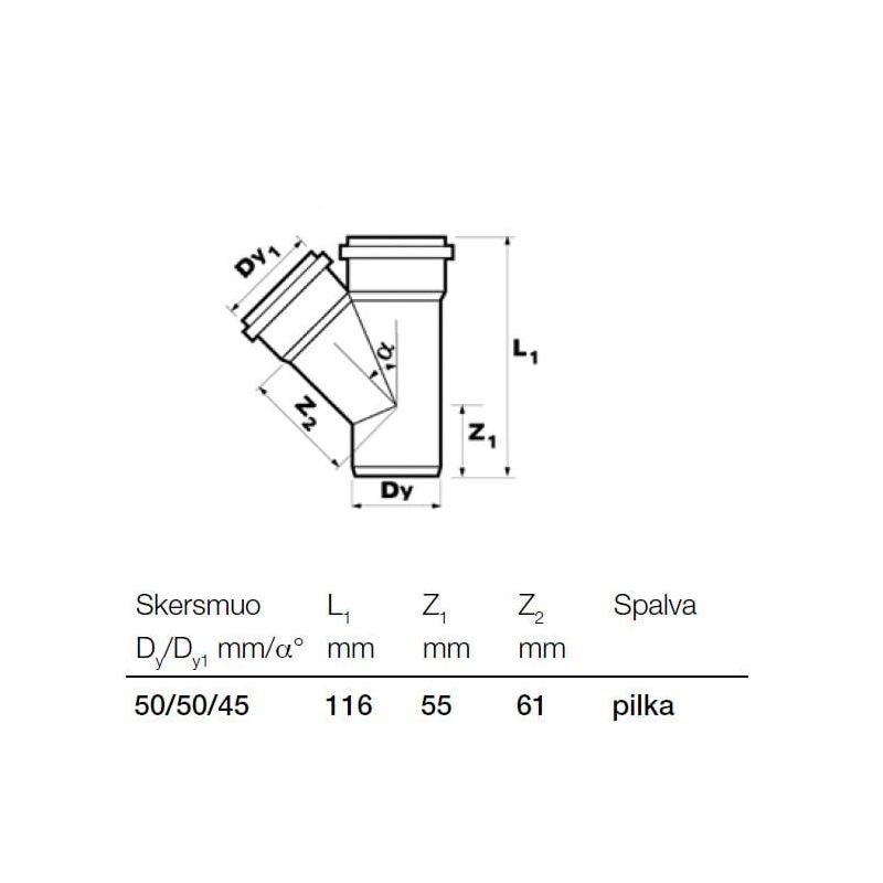 Kanalizācijas caurules trejgabals Wavin D50mm. 45°. PVC