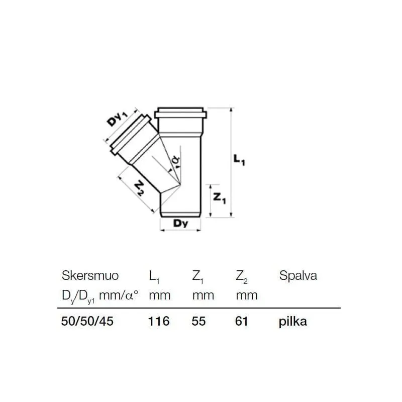 Trejgabals iekštelpu kanalizācijai Wavin Optima, 50 mm x 50 mm, 45 °