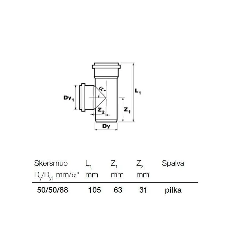 Trišakis vidaus kanalizacijai Wavin Optima, 50 mm x 50 mm, 88 °
