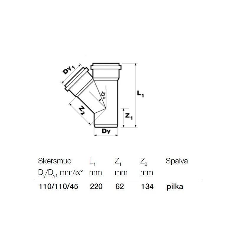 Kanalizācijas caurules trejgabals Wavin D110mm. 45°. PVC