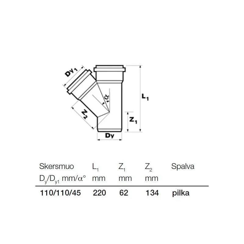 Trejgabals iekštelpu kanalizācijai Wavin Optima, 110 mm x 110 mm, 45 °