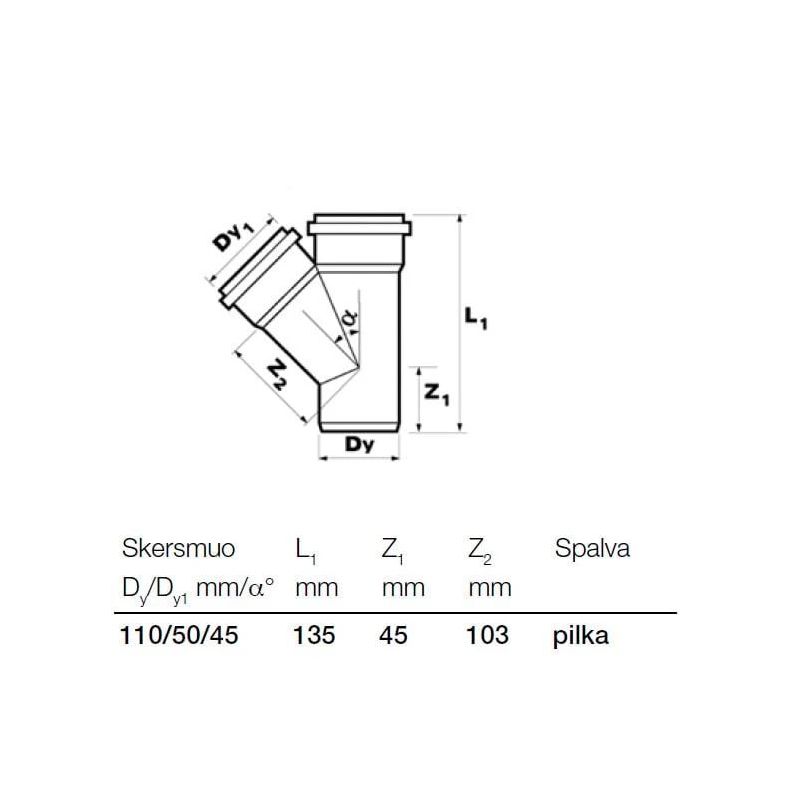 Kanalizācijas caurules trejgabals Wavin D50-110mm. 45°. PVC