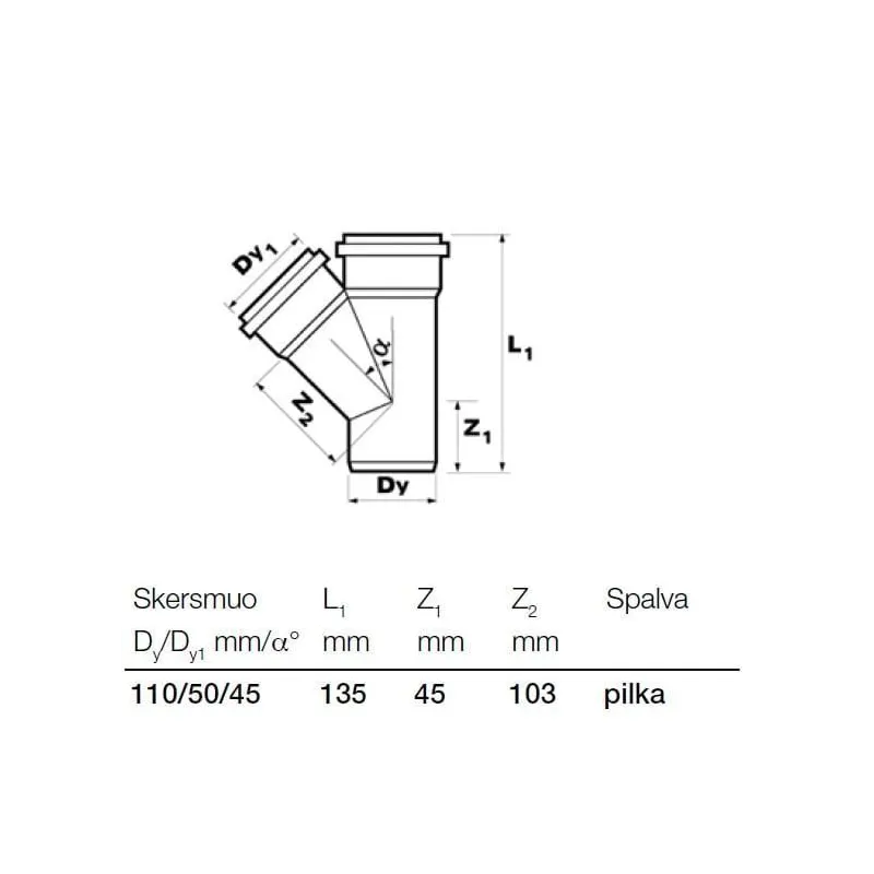Trejgabals iekštelpu kanalizācijai Wavin Optima, 50 mm x 110 mm, 45 °