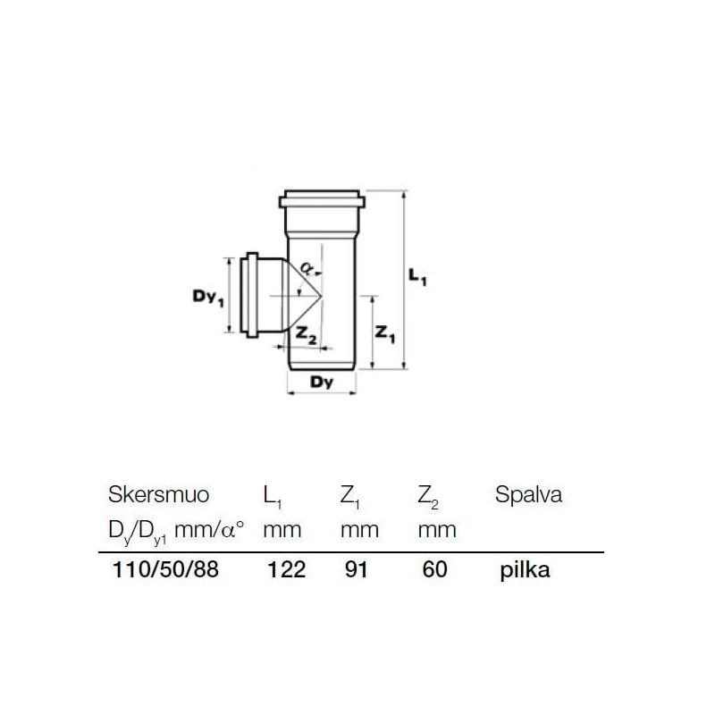 Kanalizācijas caurules trejgabals Wavin D50-110mm. 88°. PVC