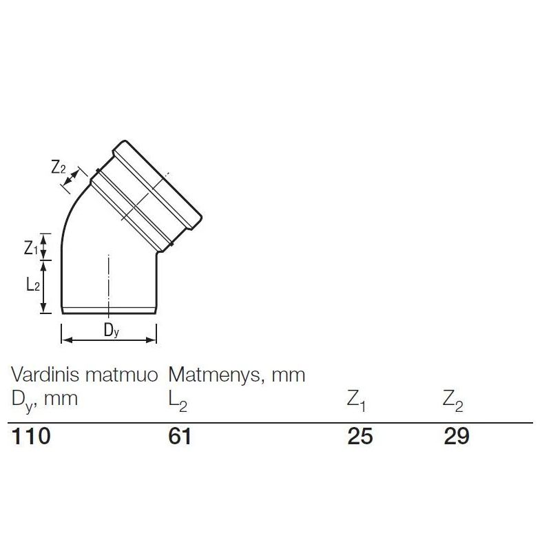 Āra kanalizācijas caurules 45° līkums Wavin D110mm. PVC