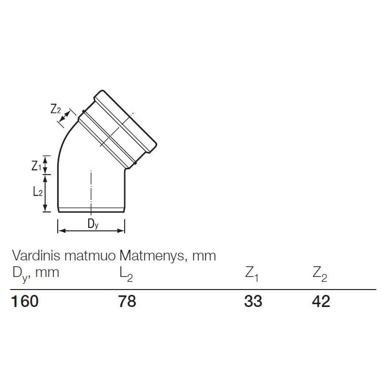Āra kanalizācijas caurules 45° līkums Wavin D160mm. PVC