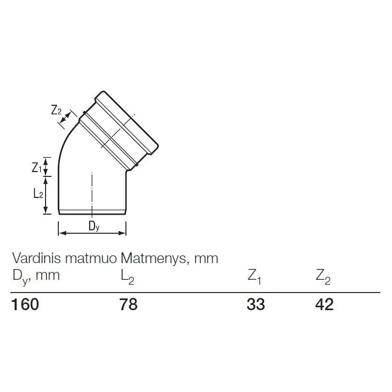 Alkūnė lauko kanalizacijai Wavin, 160 mm, 45 °