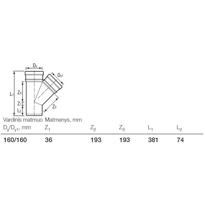 Trejgabals diametrs 160-160x45° ,Wavin,