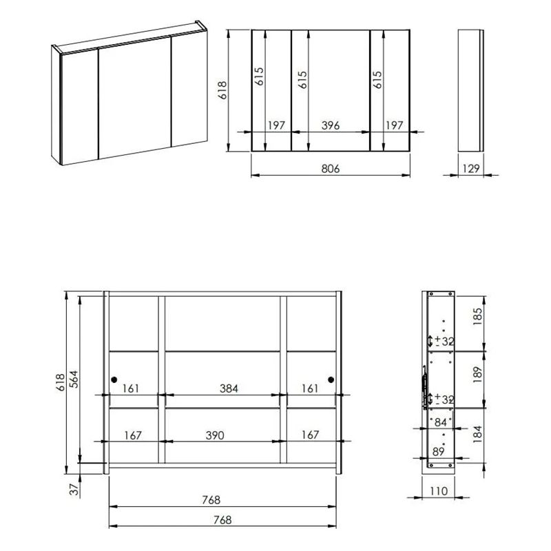 Vannas istabas augšējais skapītis BASIC, 80 cm, 3 durvis