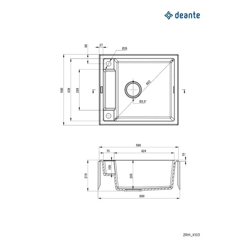 Virtuves izlietne Deante Magnetic ZRM_N103, granīts, 56 cm x 50 cm x 20.5 cm, nero
