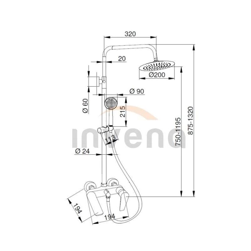 Dušas komplekts ar maisītāju Invena Dokos AU-19-B04-V