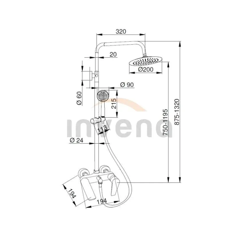 Dušas komplekts ar maisītāju Invena Dokos AU-19-B04-V, melna krās.