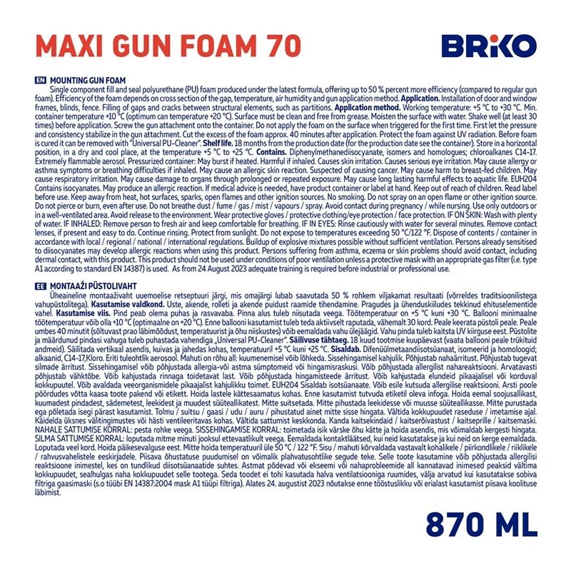 Vasaras blīvēšanas puta Briko Maxi Gun Foam. 870 ml