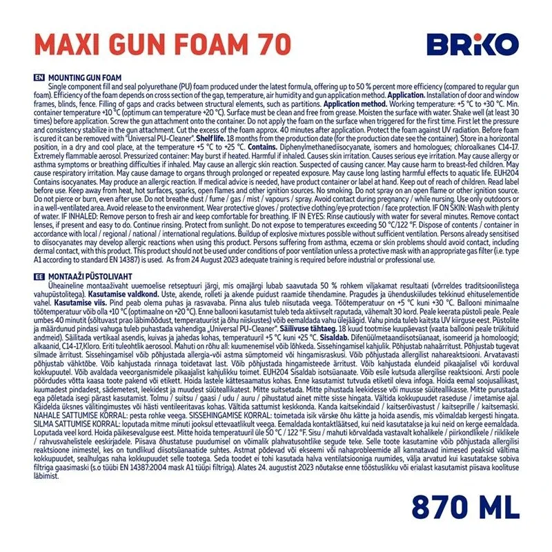 Vasaras blīvēšanas puta Briko Maxi Gun Foam, 870 ml