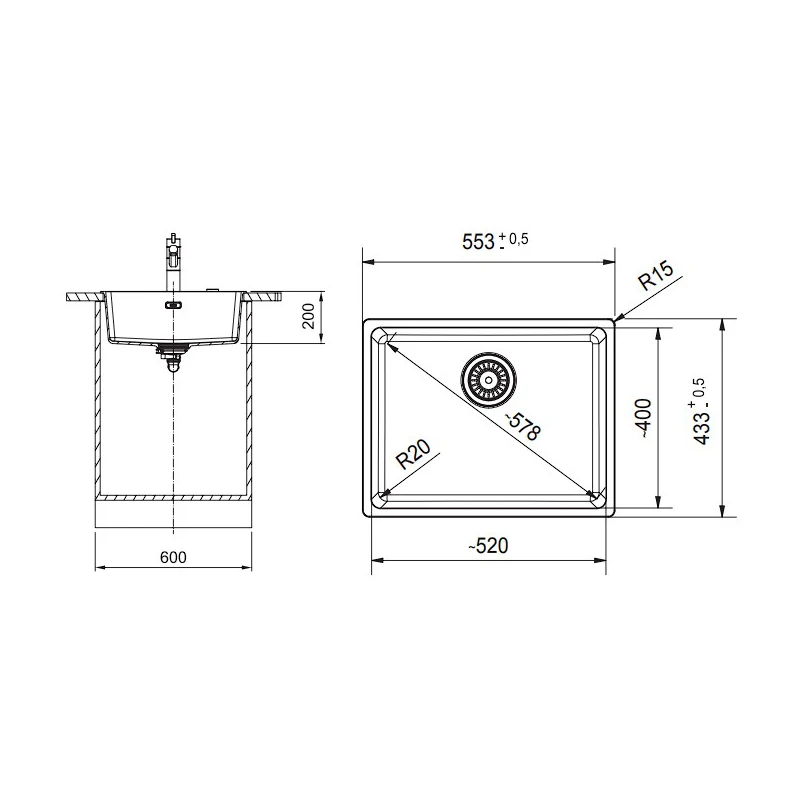 Virtuves izlietne Franke Maris 125.0683.234, granīts, 55.3 cm x 43.3 cm x 20 cm, matēta melna krās.