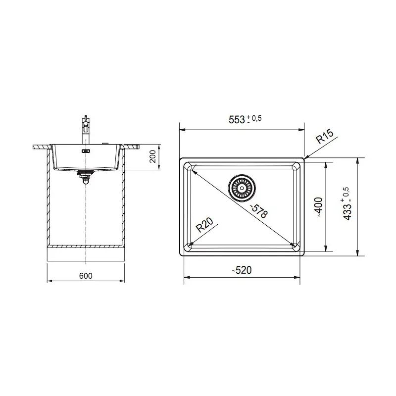 Virtuves izlietne Franke Maris 125.0683.234, granīts, 55.3 cm x 43.3 cm x 20 cm, matēta melna krās.