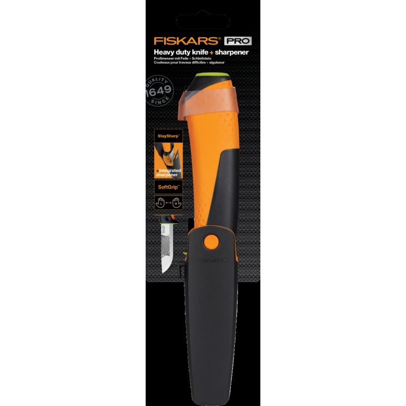 Fiskars universāls saimniecības nazis ar vīli un asināmo