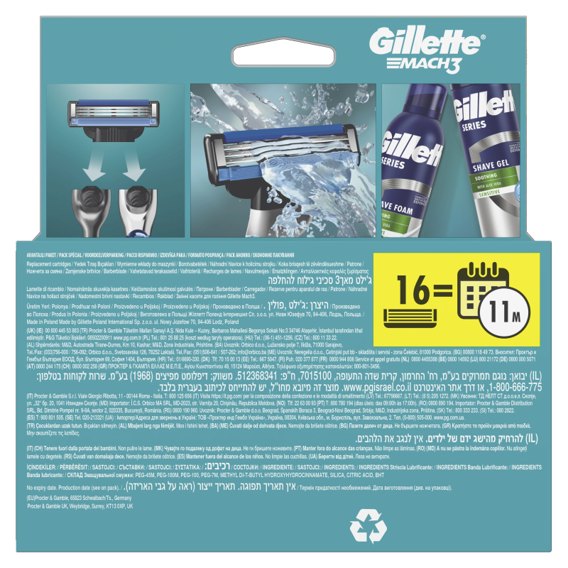 Gillette Mach3 Skuvekļa Rezerves Asmeņi Vīriešiem 16 Rezerves Asmeņi