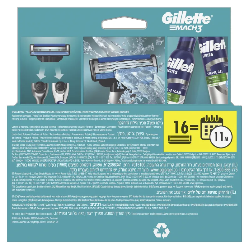 Gillette Mach3 Skuvekļa Rezerves Asmeņi Vīriešiem 16 Rezerves Asmeņi