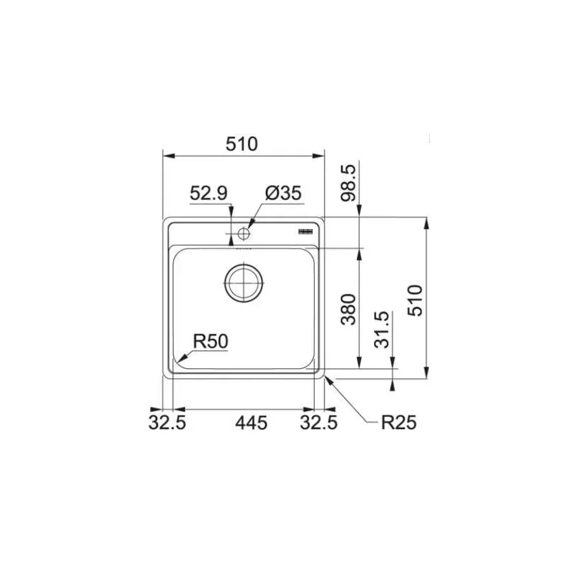 Virtuves izlietne Franke Bell BCX 610-51, nerūsējošais tērauds, 51 cm x 51 cm x 20 cm, nerūsējošā tērauda krās.