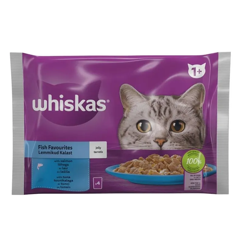 Mitrā kaķu barība Whiskas Salmon, tuna, lasis-tunzivis, 0.085 kg x 4 gab.