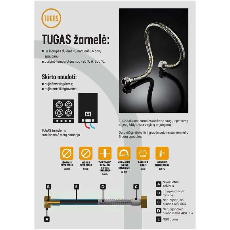 Elastīga gāzes šļūtene Tucai S.A. Tugas HG, V1-2-V1-2, 150 cm