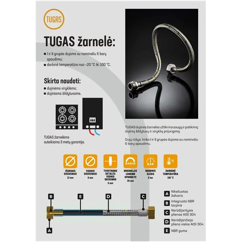 Elastīga gāzes šļūtene Tucai S.A. Tugas HG, V1-2-V1-2, 200 cm