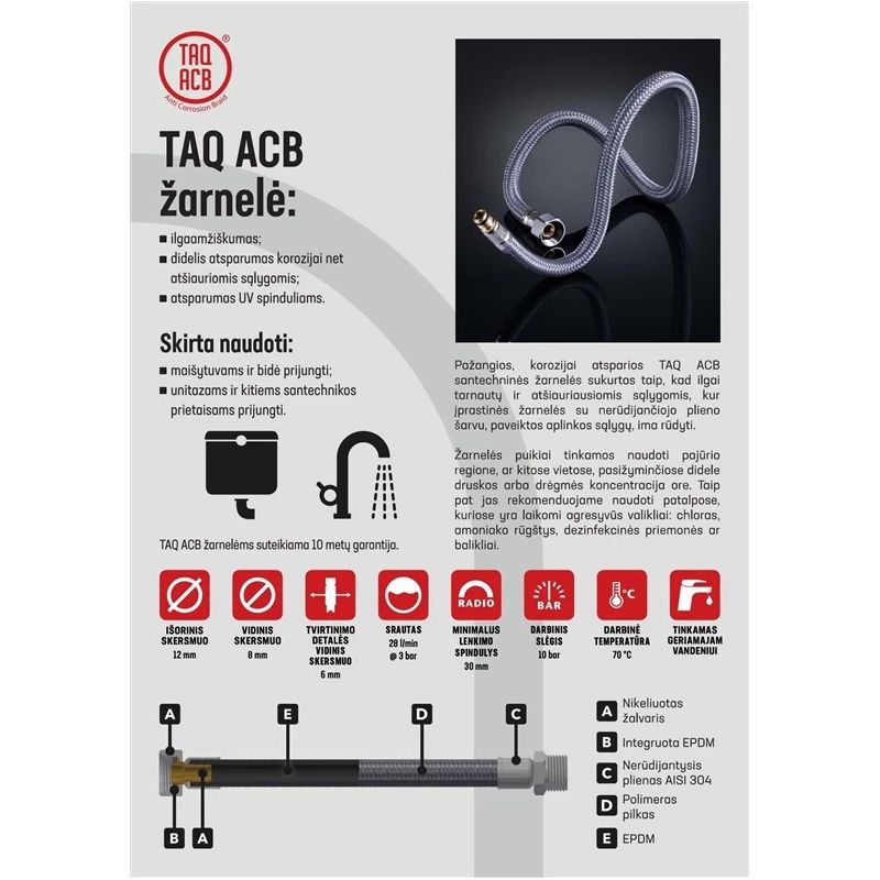 Santehniskā šļūtene ar elkoni Tucai ACB V1-2''-V1-2". 80 cm