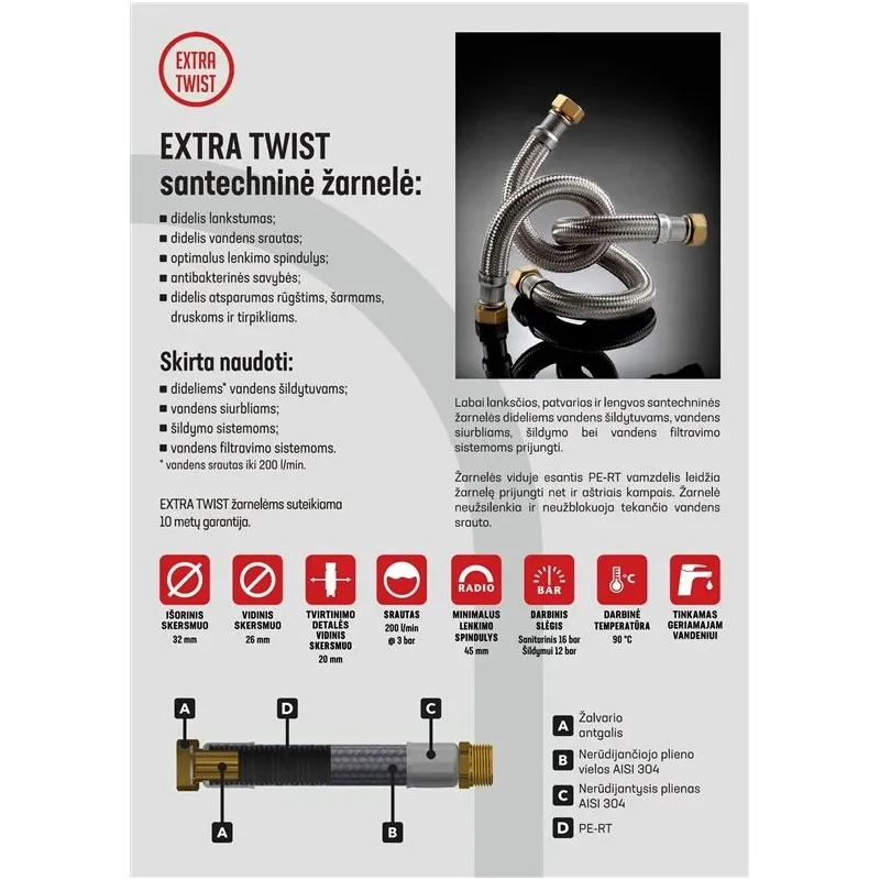 Santehnikas šļūtene ar elkoni Tucai S.A. Extra Twist, V1''–S1'', 80 cm