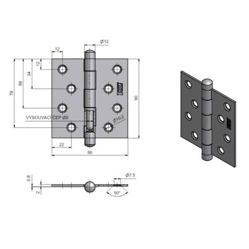 Eņģes durvīm A6 219 9345, 8.6 cm, sudraba krās.