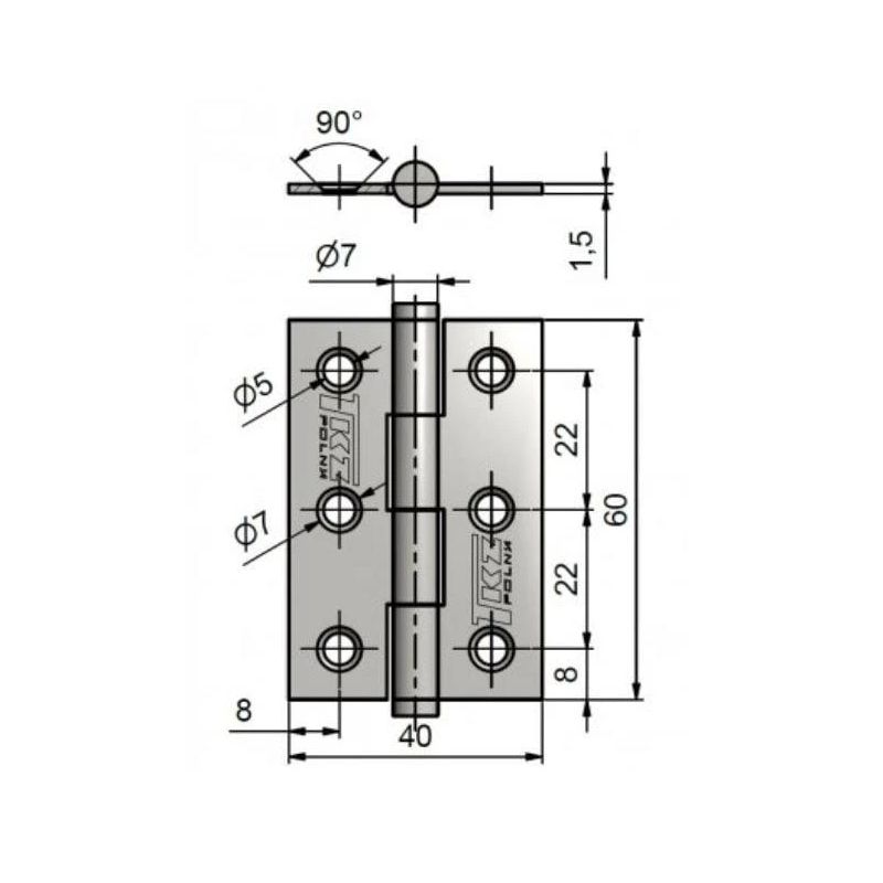 Eņģe durvīm j2 kz60 8260 40x60mm zn