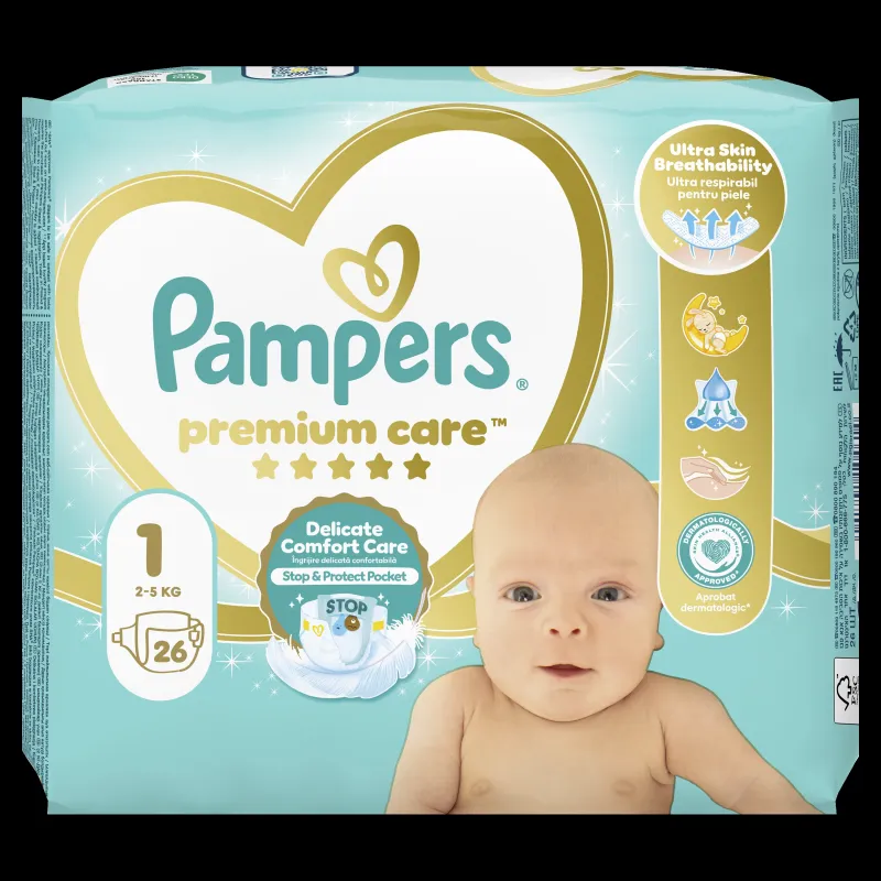Pampers Premium Care, 1. Izmērs ,Mini, 2–5 Kg, 26 Autiņbiksītes