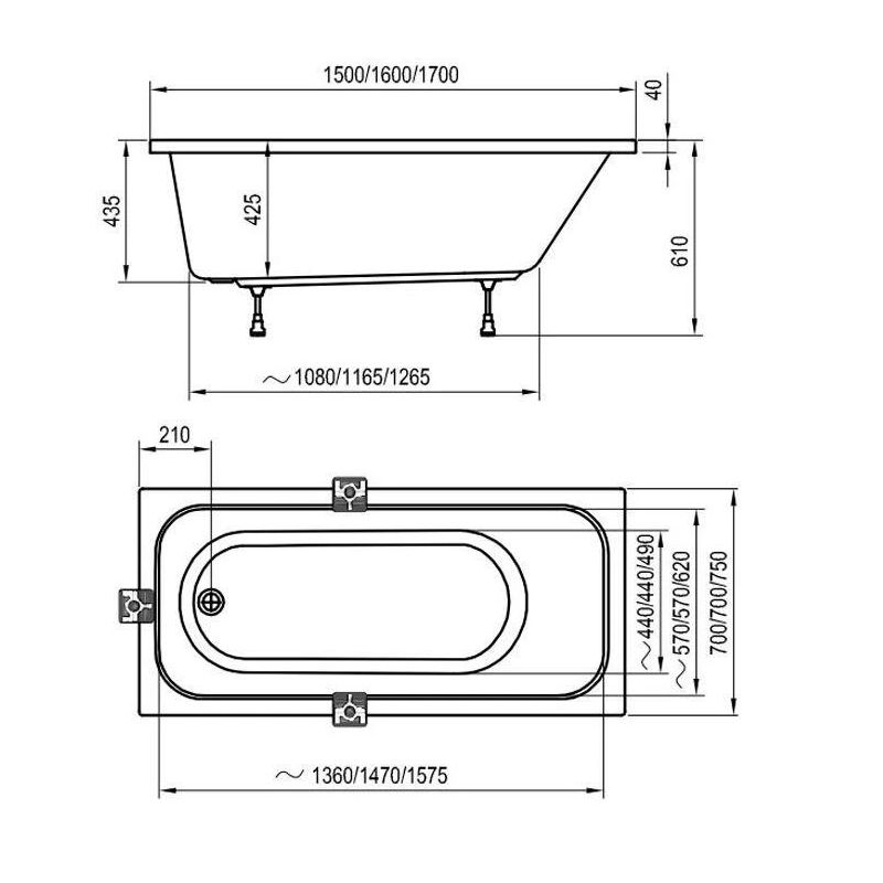 Vanna domino 170x75cm balta akrils