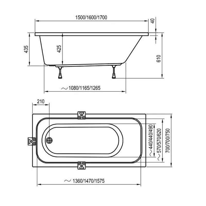 Vanna, iebūvējams Ravak Domino Classic, 170 cm x 75 cm x 46 cm, taisnstūris, balta krās.