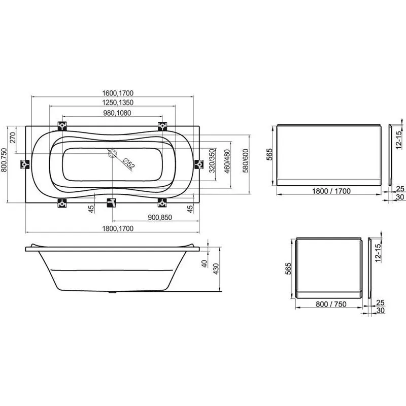 Vannas panelis Ravak Domino CZ00130A00, 75 cm x 1 cm x 57 cm